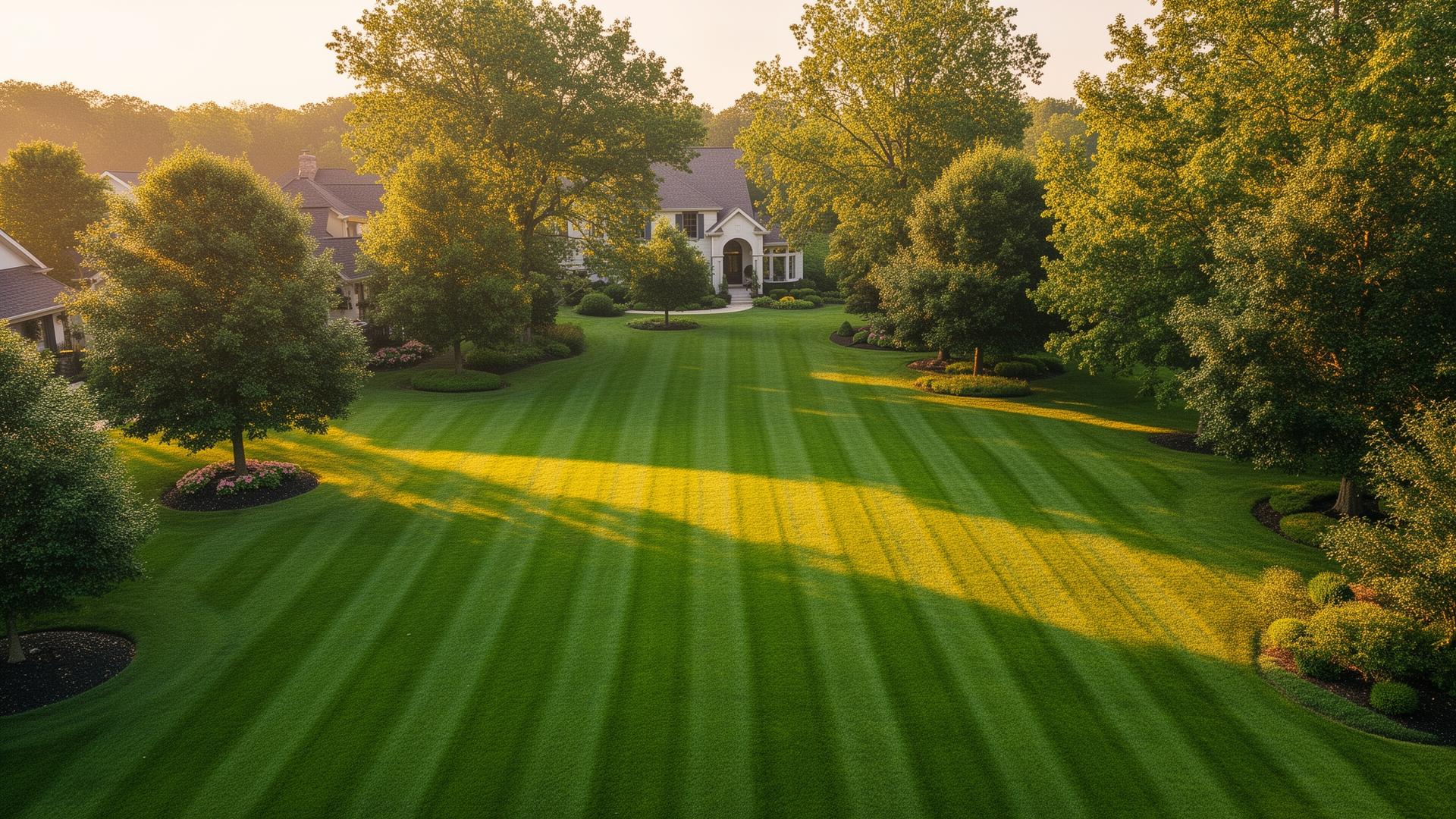 Pristine manicured lawn with mowing stripes at golden hour